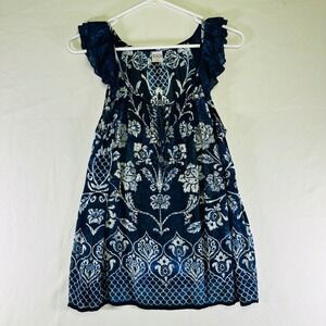 Bila Short Sleeve Navy and White Top Floral Damask Beads Sequins Womens Small